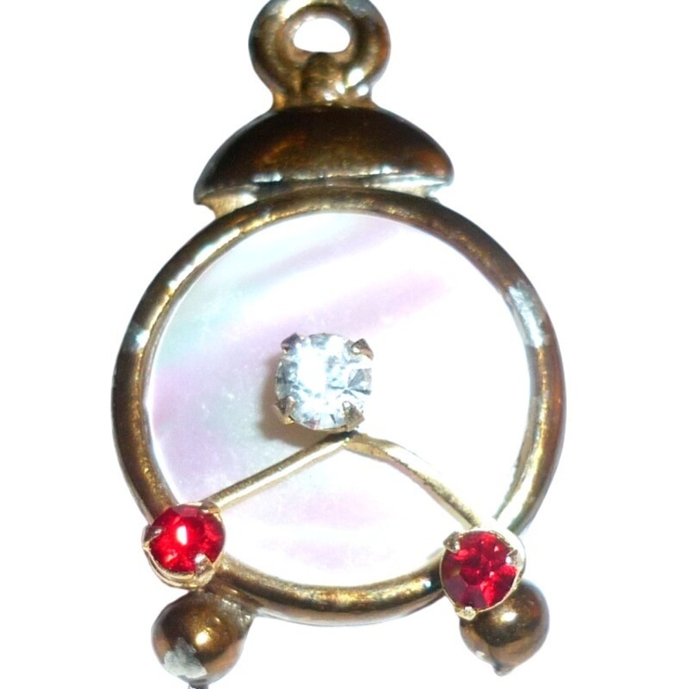 Vintage Gold Tone Alarm Clock Brooch Pin Pendant Red Rhinestone MOP Inlay Tiny